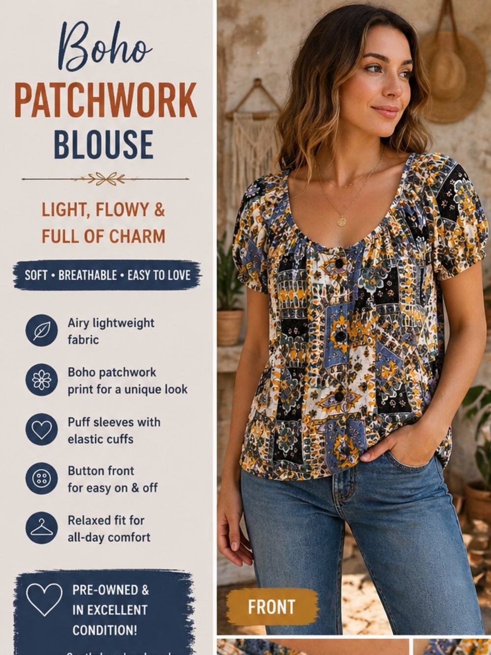 LAVISH Scoop Neck Puff Sleeve Printed Top - Blue & Mustard MEDIUM